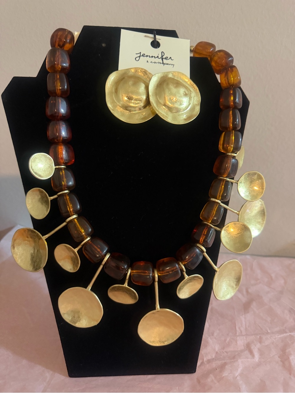 Gold Disc and Amber Bead Necklace with Matching Earrings